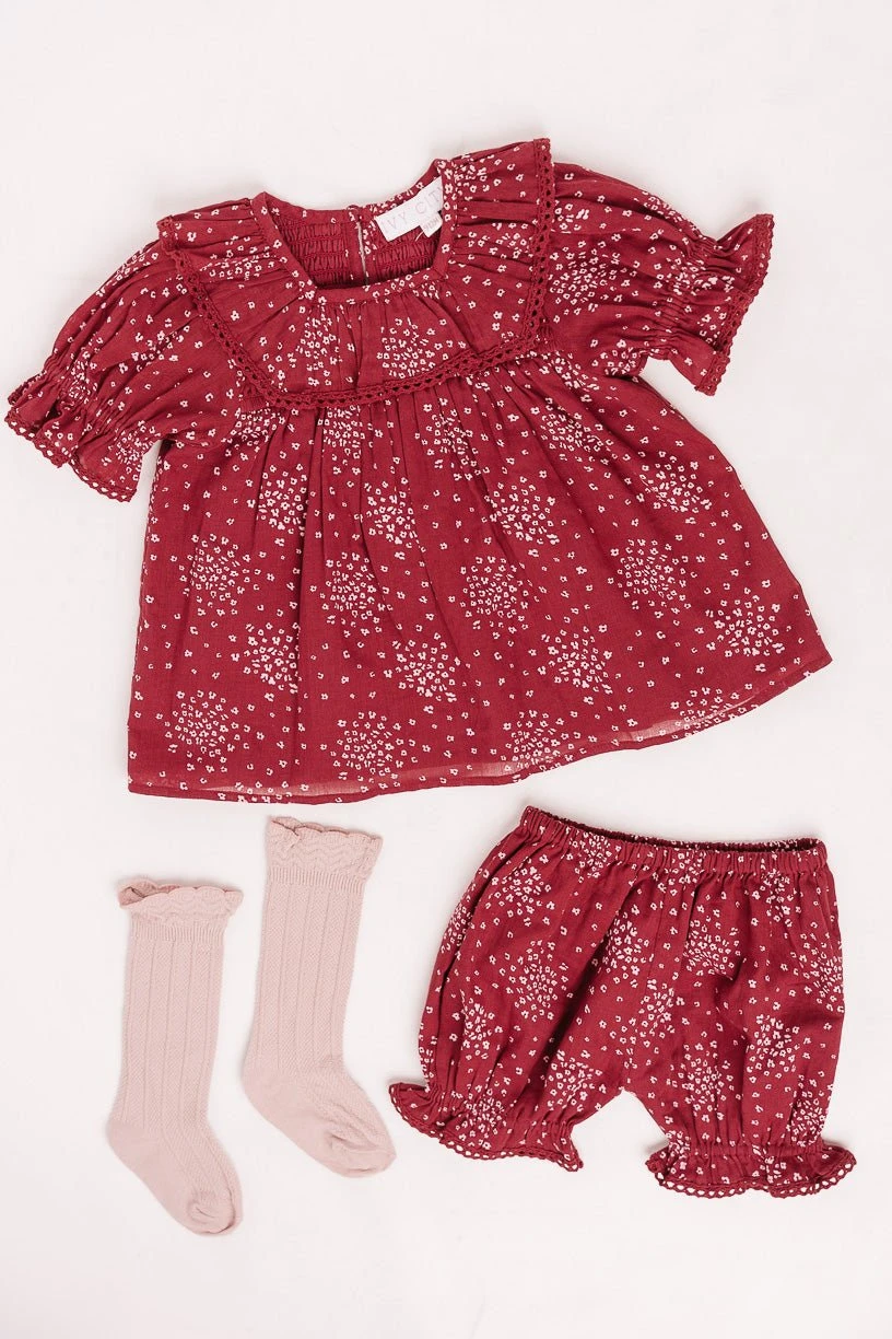 Baby Gracie Dress Set In Wine Floral - FINAL SALE - Image 2