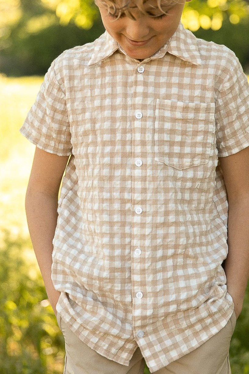Madeline Boys Shirt In Tan Gingham - FINAL SALE - Image 3